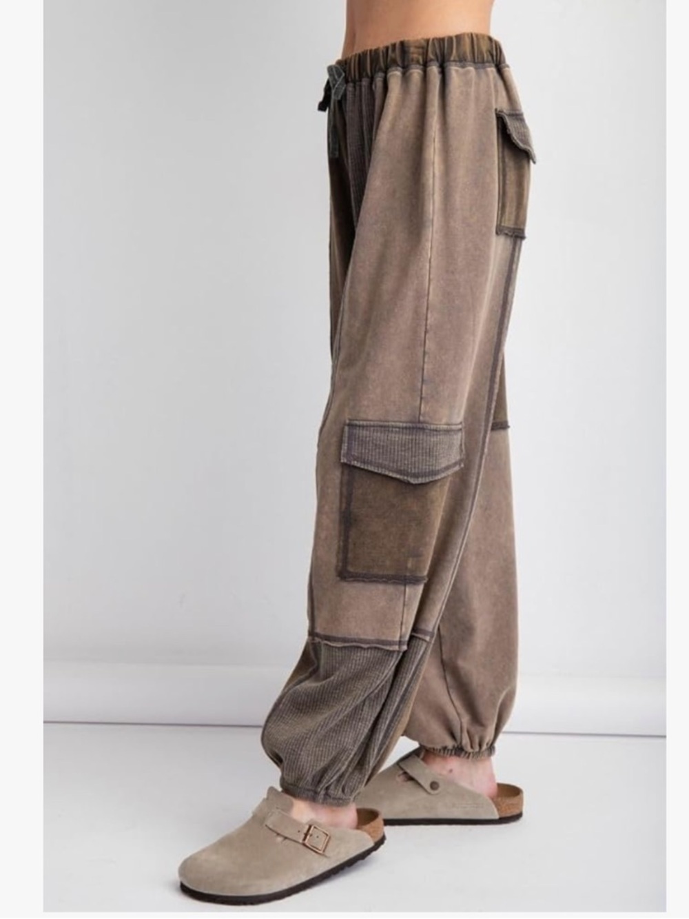 Easel Ayla Color Block Patchwork Terry Knit Cargo Jogger Pants size large ash - Picture 4 of 6